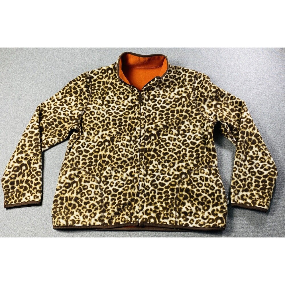 Kim Rogers Orange/ Leopard Women Petite Reversible Fleece Jacket Sz. PL
